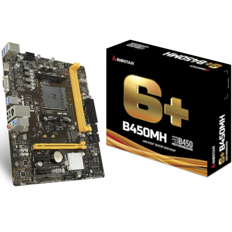 B450MH, Socket AM4, AMD B450, 2xDDR4-2933, D-SUB+HDMI, 1xPCI-Ex16, 2xPCI-Ex1, 4xSATA3(RAID 0/1/10), 1xM.2, 8 Ch Audio, GLan, (2+4)xUSB2.0, (4+2)xUSB3.1, 1xPS/2, mATX, RTL, {20}