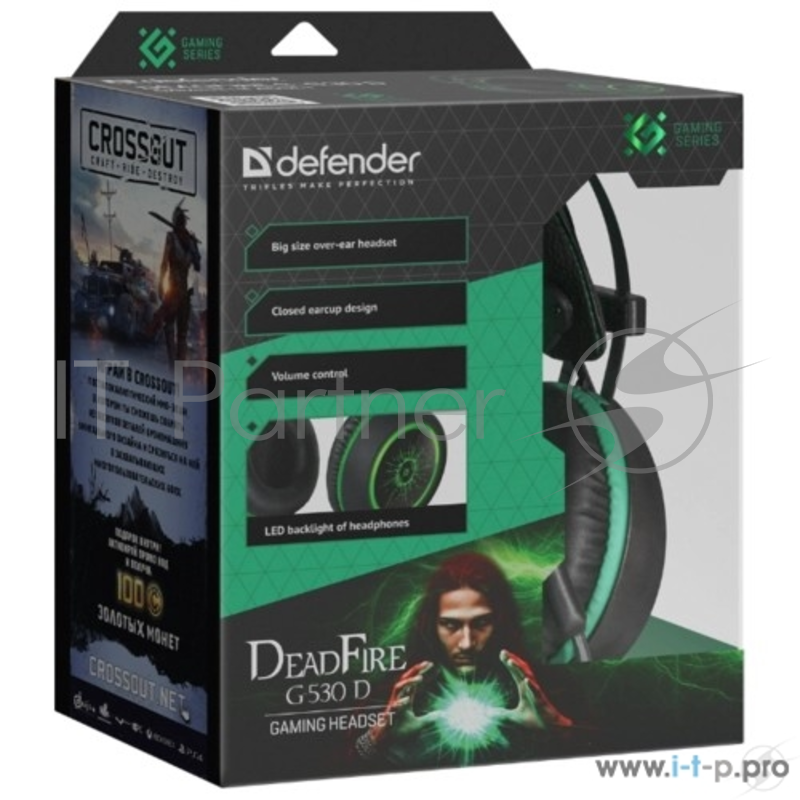 Гарнитура Defender DeadFire G-530D черный+зеленый, кабель 2,2 м