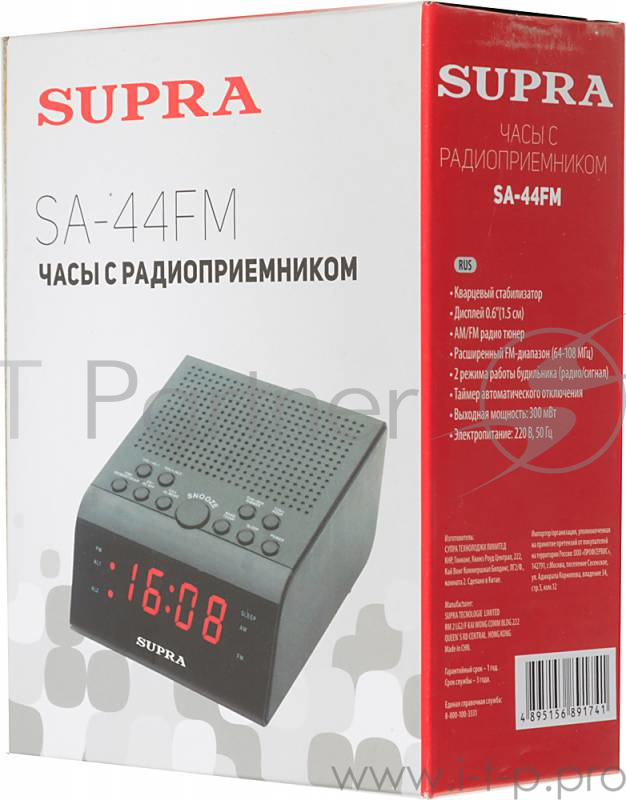 Радиобудильник Supra SA-44FM черный LCD подсв:красная часы:цифровые AM/FM