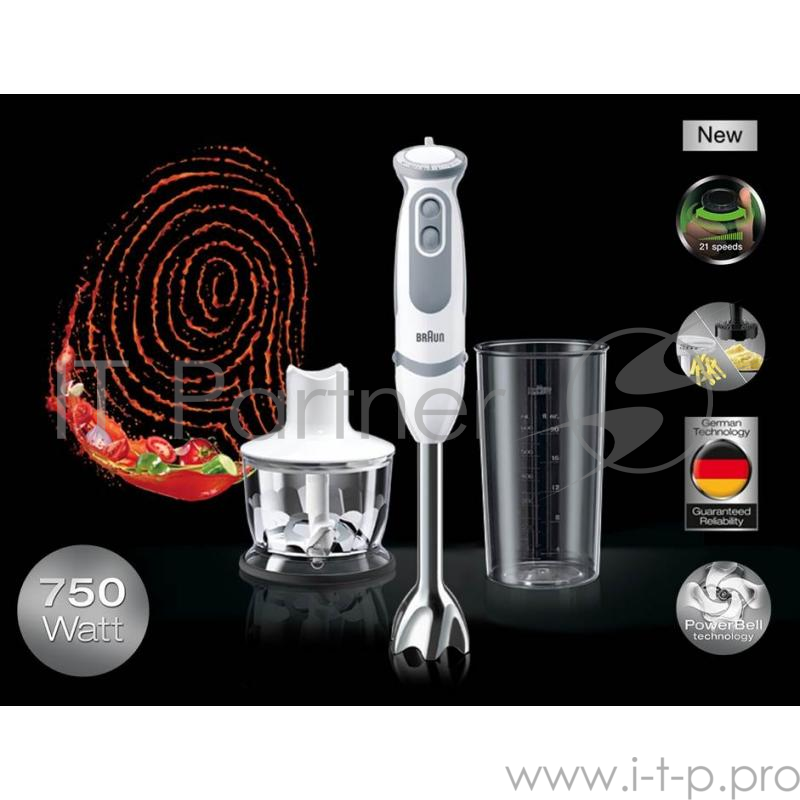 Блендер BBRAUN MQ 5020 WH PASTA Мощность 750Вт. 21 скорость. Скорость вращения 13500 об/мин. Управл-е электронное. Турбо режим. Измельчитель 0,35л. Мерный стакан. Материал корпуса пластик. Материал погружной части металл.