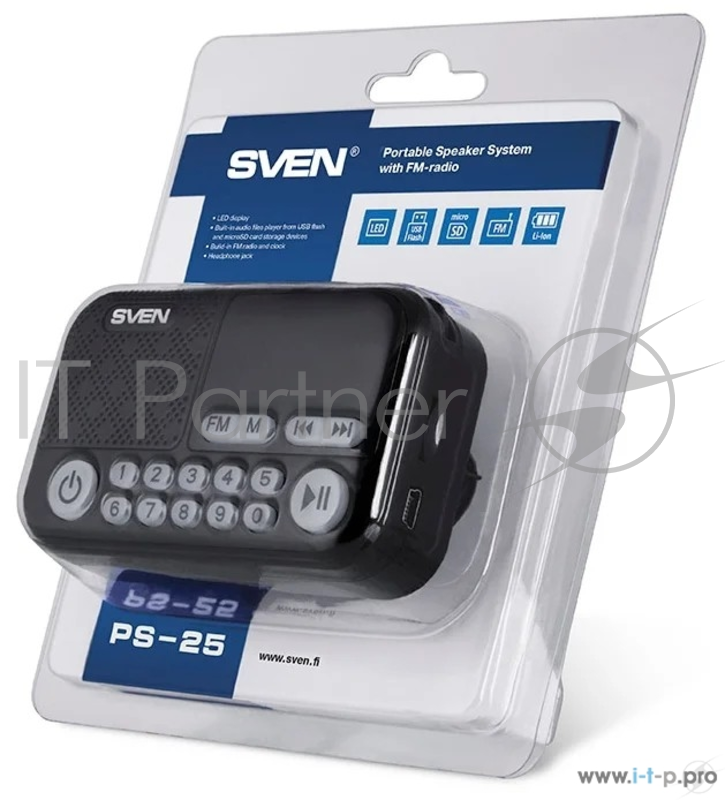SVEN PS-25, черный (3 Вт, FM-тюнер, USB, microSD, LED-дисплей,