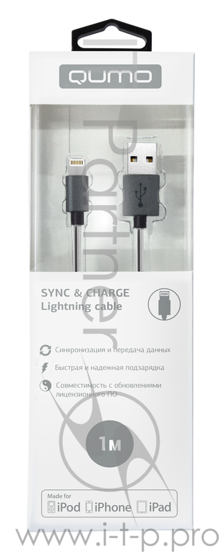 Кабель Qumo 21714 темно-серый (MFI кабель c разъемом Apple 8 pin, 1м, PVC, стальная пружинка у коннектора)