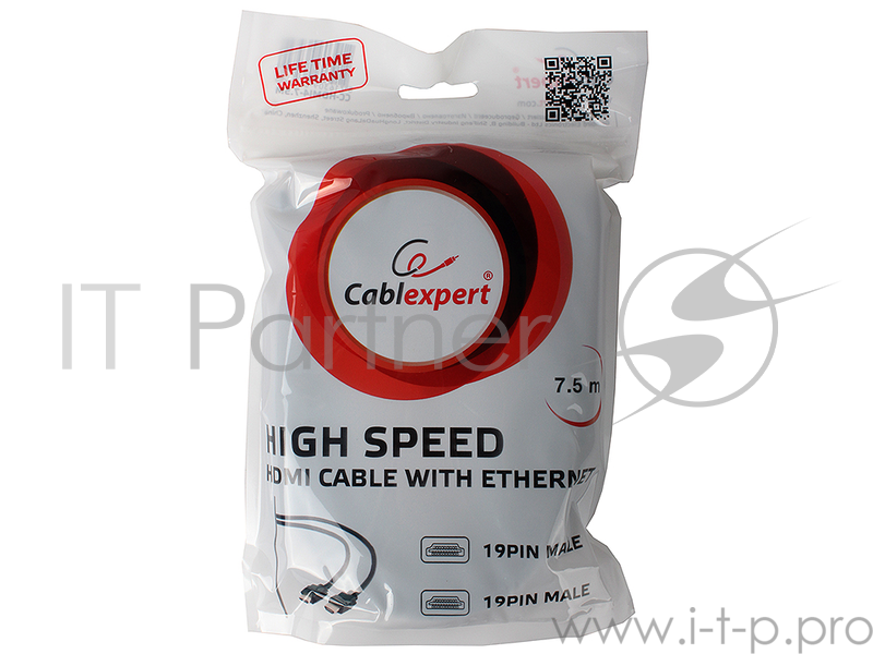 Кабель HDMI Gembird/Cablexpert, 7.5м, v1.4, 19M/19M, черный, позол.разъемы, экран, пакет CC-HDMI4-7.5M