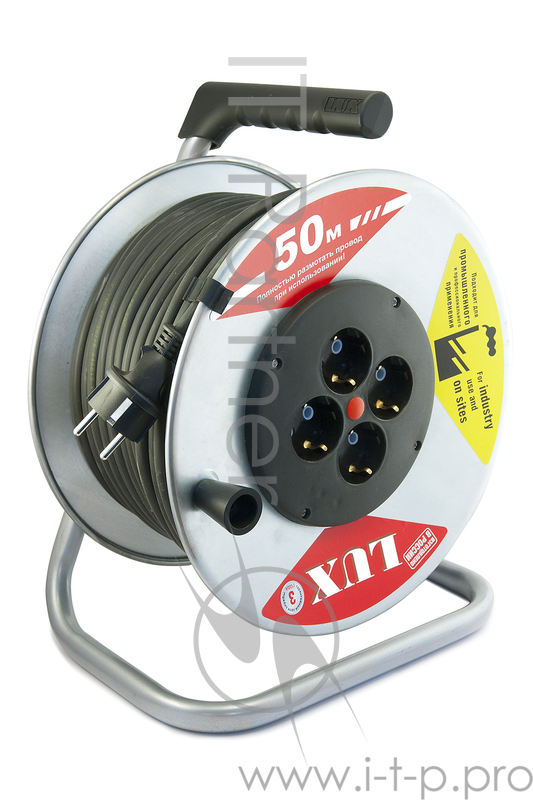 Удлинитель силовой LUX 44150 К4-Е-50 КГ 3x1.5 50м 16А 4розетки с з/к на металл. катушке от -40°С