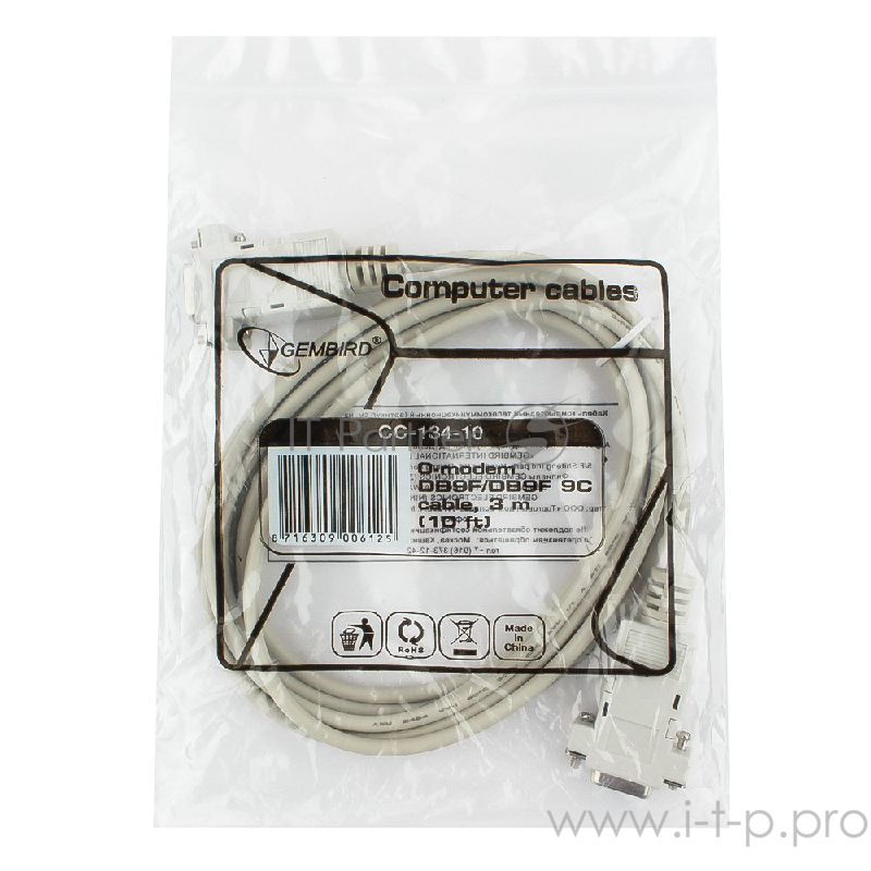 Кабель Нуль-модемный кабель RS-232 9 - 9 3.0м Gembird CC-134-10