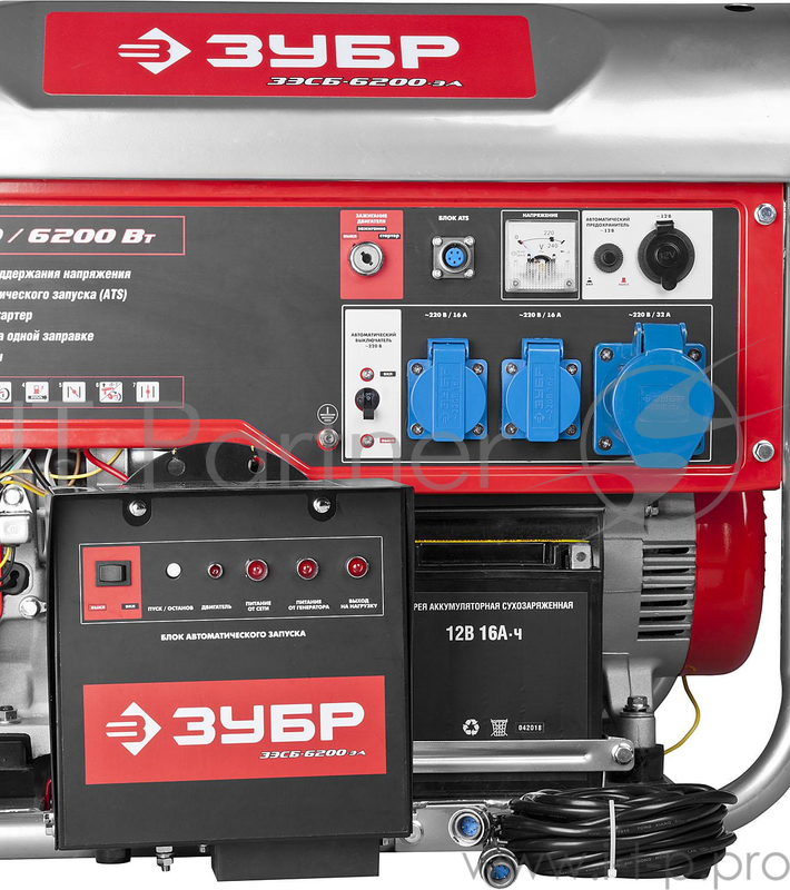 Бензиновый генератор ЗУБР ЗЭСБ-6200-ЭА 6200/5700Вт 220/12В 4ткт ручной и эл.пуск автопуск