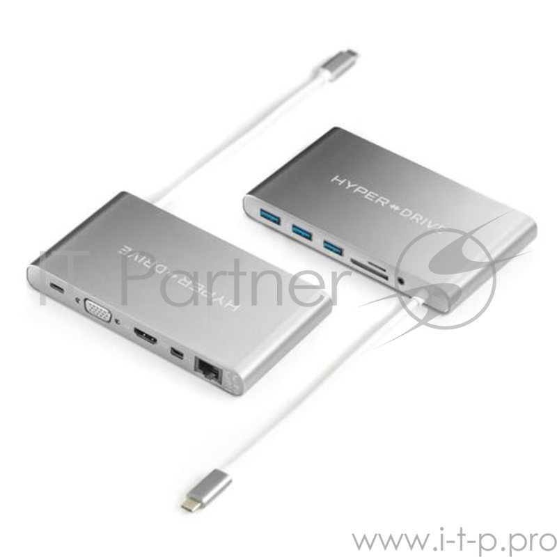 USB-хаб HyperDrive Ultimate USB-C Hub для Macbook и других устройств с портом Type-C. Порты: USB-C PD, VGA, 4K HDMI, 4K Mini DisplayPort, Gigabit Ethernet, 3 x USB-A, SD, Micro SD, 3.5mm AUX. Цвет серый космос.