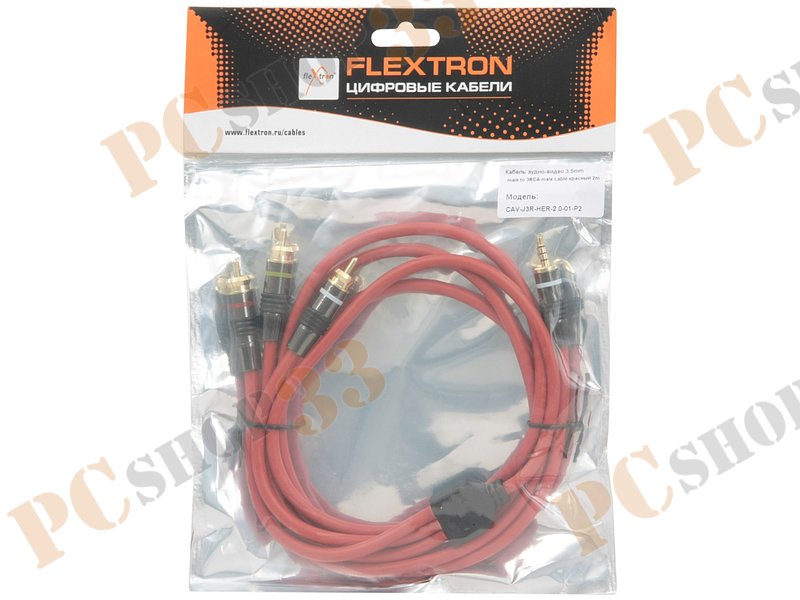 Кабель-переходник аудио-видео 3.5мм->3xRCA Flextron CAV-J3R-HER-2.0-01-P2, позолоченные контакты (2.0м), красный
