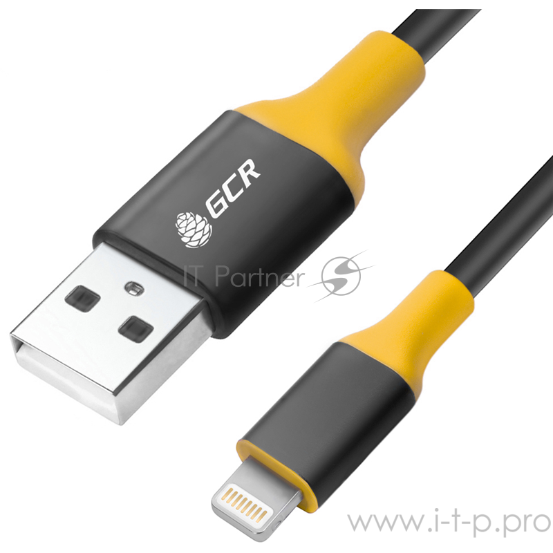 Greenconnect Кабель 3A 1.0m Apple USB 2.0 AM/Lightning 8pin MFI для Iphone 5/6/7/8/X - поддержка всех IOS, черный, алюминиевый корпус черный, желтый ПВХ (GCR-50955)