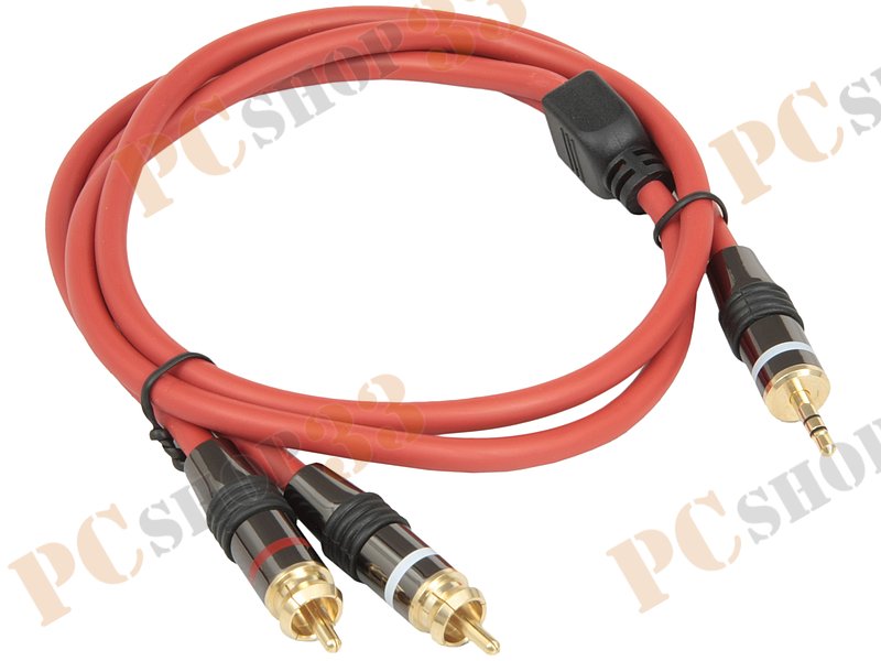 Кабель-переходник аудио 3.5мм стерео->2xRCA Flextron CAU-J2R-HER-1.0-01-P2, позолоченные контакты (1.0м), красный