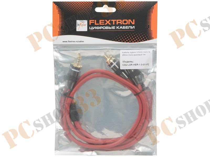 Кабель-переходник аудио 3.5мм стерео->2xRCA Flextron CAU-J2R-HER-1.0-01-P2, позолоченные контакты (1.0м), красный