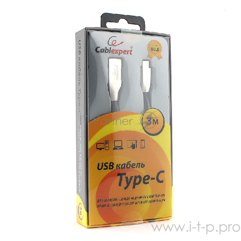Кабель USB 2.0 Cablexpert CC-G-USBC01Bk-3M, AM/Type-C, серия Gold, длина 3м, черный, блистер