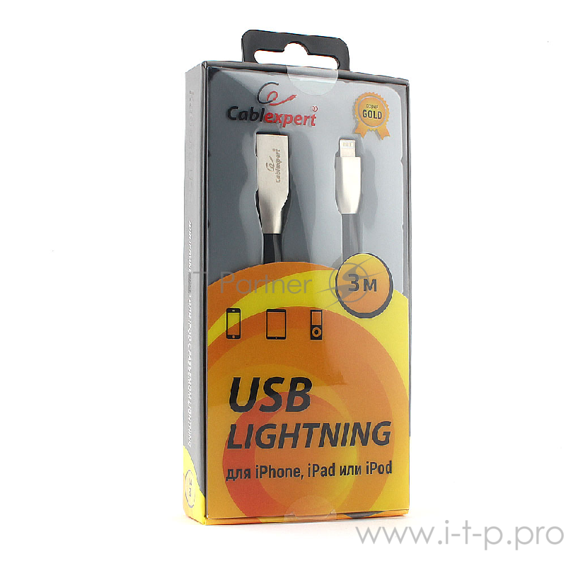 Кабель Cablexpert для Apple CC-G-APUSB01Bk-3M, AM/Lightning, серия Gold, длина 3м, черный, блистер