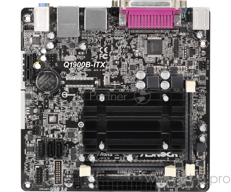 Материнская плата Asrock Q1900B-ITX + Celeron J1900 2xDDR3 SO-DIMM, Intel HD Graphics, 5.1CH, 1000 Мбит/с, USB3.0, D-Sub, HDMI, COM, LPT, Mini-ITX RTL