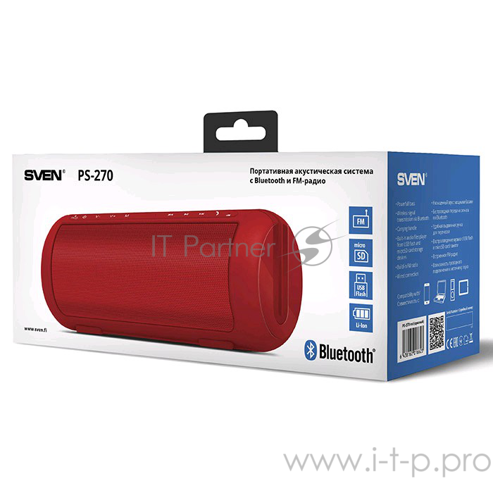 Акустическая система SVEN PS-270, красный, 2.0, мощность 2x5 Вт(RMS), Bluetooth, FM, USB, microSD, ручка, встроенный аккумулятор SVEN PS-270, красный, акустическая система 2.0, мощность 2x5 Вт(RMS), Bluetooth, FM, USB, microSD, ручка, встроенный акку