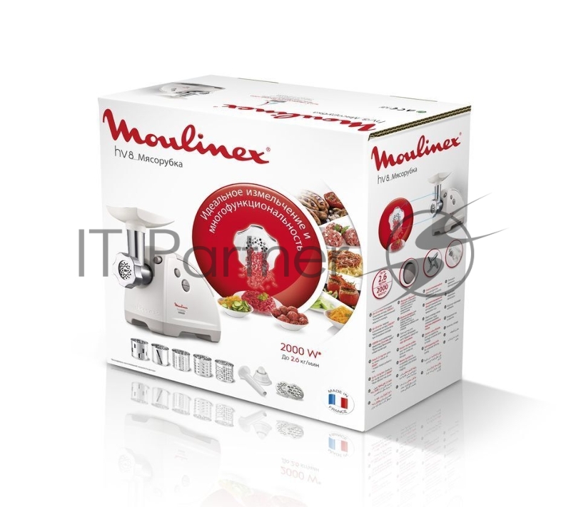 Мясорубка Moulinex, ME 626132 2000Вт/800Вт, 2,6кг/мин, реверс, нерж. сталь/пластик, 2 диска для фарша 4,7 и 8мм, 2 терки, шинковка, насадка для драников, для кеббе, лоток для мяса, цвет белый/серый.