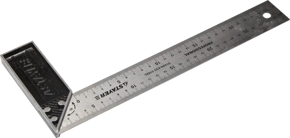 Уровни, рулетки, мерные ленты, линейки, угольники STAYER PROFI 3431-30_z01 Угольник { столярный, гравированная шкала, нержавеющее полотно 37мм, 300мм }