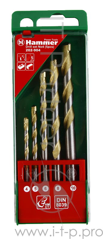 Буры,сверла,долото Набор сверел Hammer Flex 202-904 DR set No4 (5pcs) 4-10mm камень, 5шт. 30785