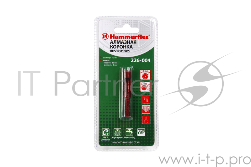 Алмазная трубчатая коронка Hammerflex 226-004 DHS 12,0*65/5, A3, алмаз 60Р, керамогранит