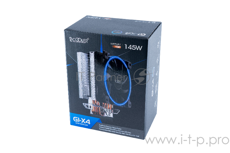 Вентиляторы PCCooler GI-X4 Кулер GI-X4 S775/115X/AM2/AM3/AM4 (24 шт/кор, TDP 145W, вент-р 120мм с PWM, Blue LED FAN, 4 тепловые трубки 6мм, синяя LED подсветка, 1000-1800RPM, 26.5dBa)