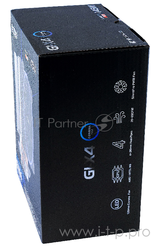 Вентиляторы PCCooler GI-X4 Кулер GI-X4 S775/115X/AM2/AM3/AM4 (24 шт/кор, TDP 145W, вент-р 120мм с PWM, Blue LED FAN, 4 тепловые трубки 6мм, синяя LED подсветка, 1000-1800RPM, 26.5dBa)