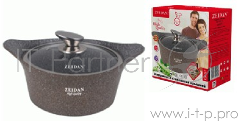 посуда ZEIDAN Z-50257 3.0л(Кастрюля со стеклянной крышкой – 3.0 л (д.20 см), внутр. и внешнее каменное покрытие с гранитной крошкой, литой алюминий, металлическая ручка на крышке, силиконовые накладки. Подарочная упаковка с пластиковой ручкой.)