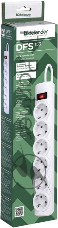 Сетевые фильтры Defender Фильтр DFS 153 3.0 m, 6 розеток, белый 99490