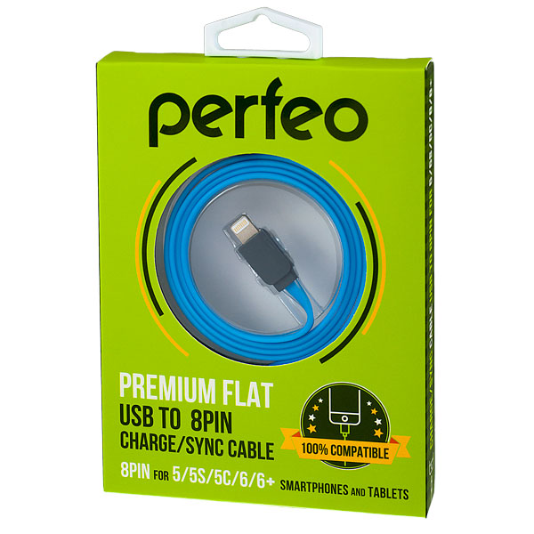 Кабель PERFEO Плоский кабель для iPhone 5/6, USB - 8 PIN (Lightning), голубой, длина 1 м. (I4406)