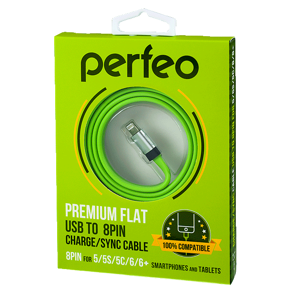 Кабель PERFEO Плоский кабель для iPhone 5/6, USB - 8 PIN (Lightning), зеленый, длина 1,2 м. (I4506)