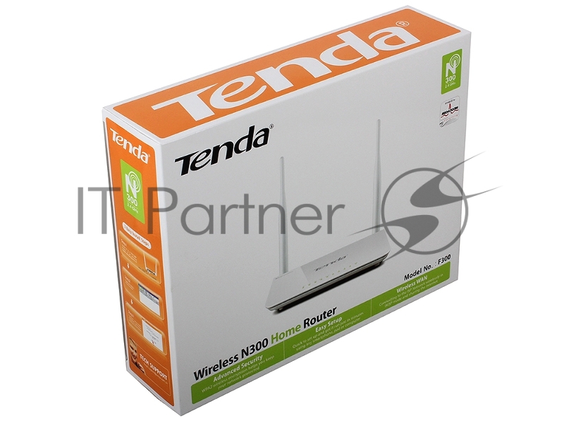 Сетевое оборудование TENDA F300 маршрутизатор 802.11n, до300Мбит/с, 2T2R, LAN: 4х10/100Мбит/с, WAN: 1х10/100Мбит/c, 2 внешние антенны 5дБи.