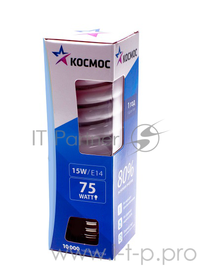 Лампа энергосберегающая Космос SPC15wE1442, 15 Вт, холодный свет, цоколь 14, спираль Т2 ( блок 5 шт, в уп. 100 шт)