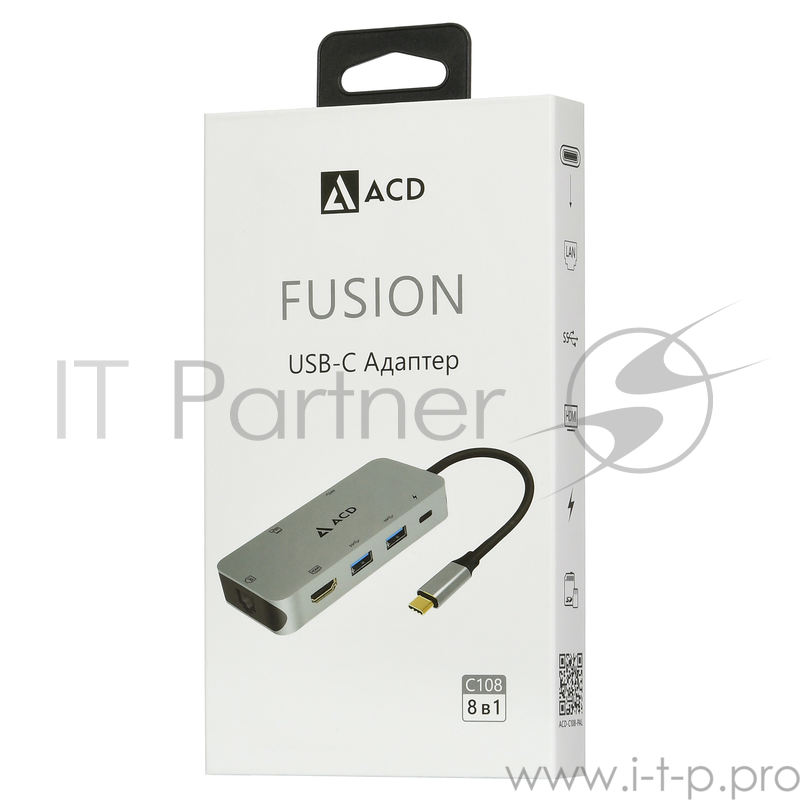 Fusion C108 Адаптер 8-в-1 USB-C в 3xUSB3.0/HDMI/LAN/SD/mSD/PD-90W (ACD-C108-PAL) RTL {50}