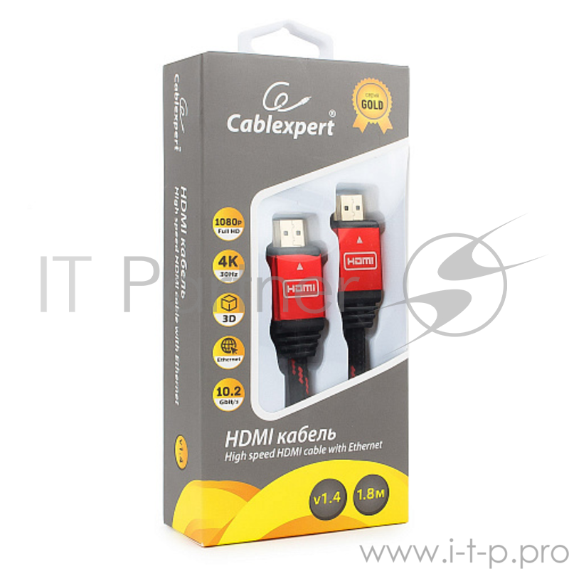 Кабель HDMI Cablexpert, серия Gold, 1,8 м, v1.4, M/M, красный, позол.разъемы, алюминиевый корпус, нейлоновая оплетка, коробка (CC-G-HDMI02-1.8M)