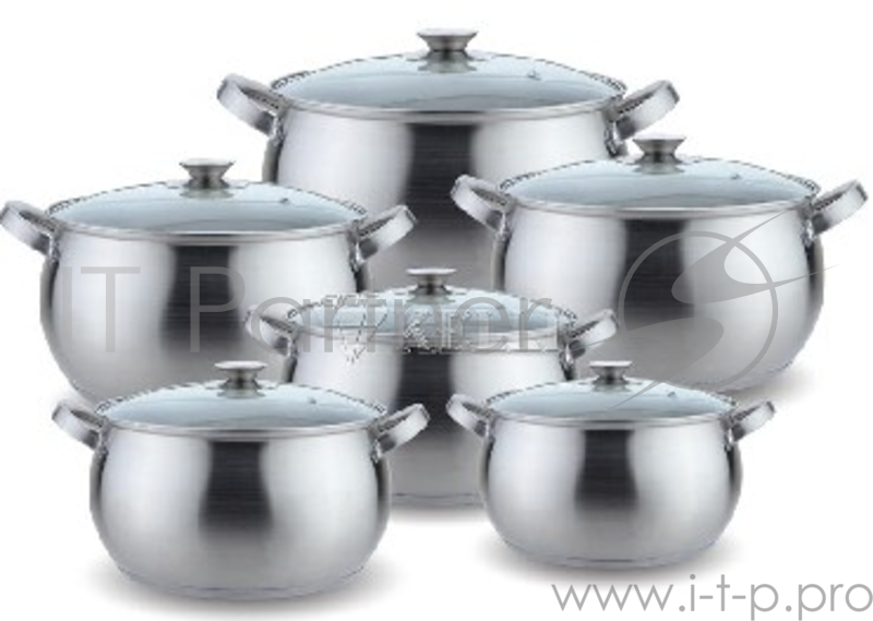 KELLI KL-4204 12 пред.(12 пред. Кастрюля 2.1л, Кастрюля 3л. Кастрюля 3л. Кастрюля 4л. Кастрюля 4л. Кастрюля 6,5л. Кастрюли с жаропроч. стекл. крышками. Высококач. нерж. сталь. 5-слойное капсульное дно.)