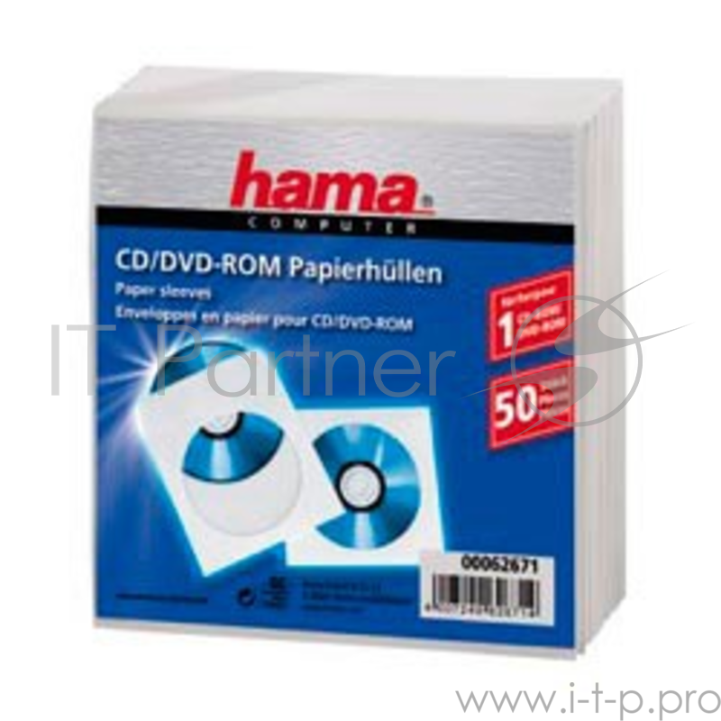 Конверт HAMA Конверты для CD/DVD бумажные с прозрачным окошком 50 шт. белый H-62671