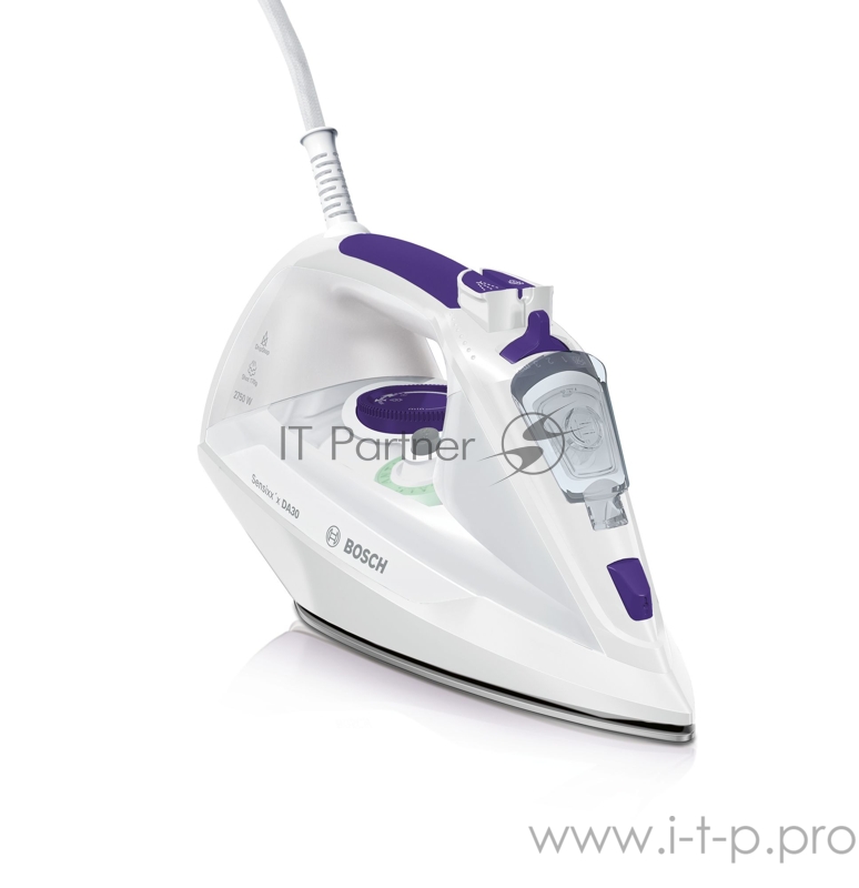 Утюг BOSCH TDA3027010 2850Вт, Тип управления - Терморегулятор, Объем резервуара для воды 0,3, Капля-стоп, Функция Спрей, Постоянная подача пара 40, Подача пара в режиме теплового удара (г/мин) 170, Функция самоочистки - специальная игла, Материал под