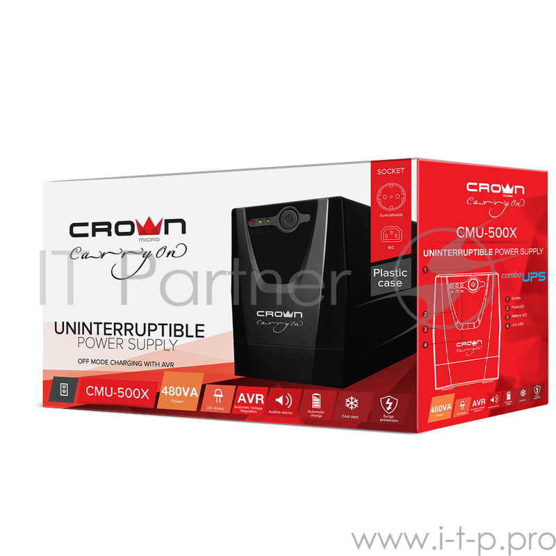 ИБП Crown CMU-500X (480 ВА / 240 Вт Off-Line 1 х Euro + 1 х IEC-320 резервным питанием и фильтрацией 12V/4,5AH х 1 пластик)