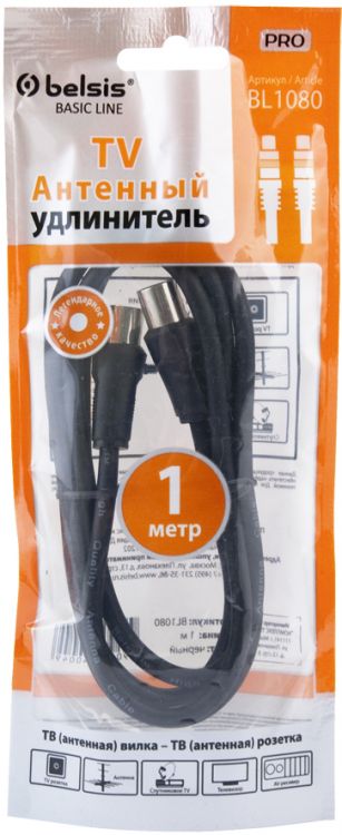 Кабель Belsis ТВ вилка <--> ТВ розетка, антенный, 1 м. BL1080