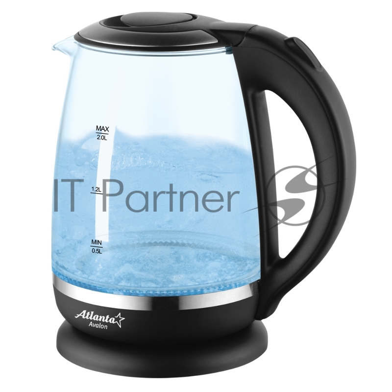 ATLANTA, ATH-2471 черн, Чайник стекло Стекло, 2л, 2200Вт, белый, температурная иллюминация, защита от перегрева без воды.