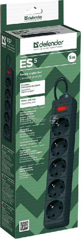 Сетевой фильтр на 5 розеток Defender ES 5 99486, черный (5.0м)