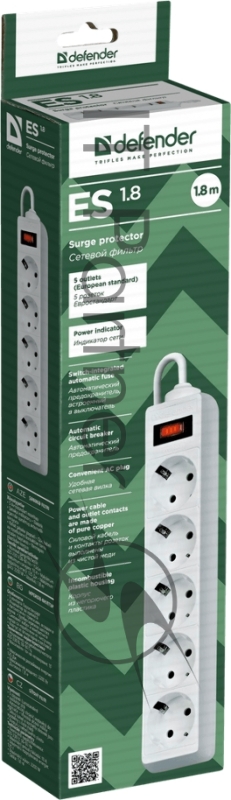 Сетевой фильтр на 5 розеток Defender ES 1.8 99481, белый (1.8м)