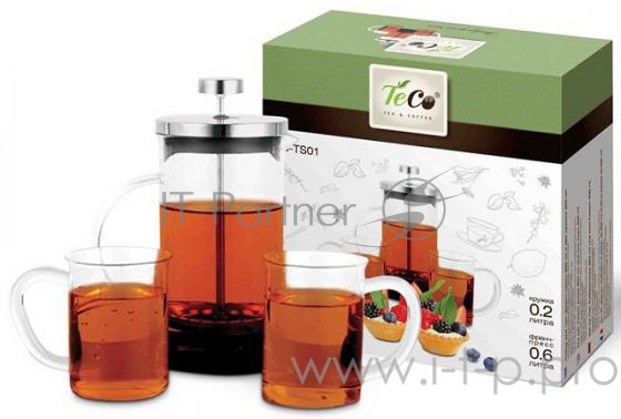 Френч-пресс TECO TC-TS01 0,6л + две кружки из стекла 200 мл (набор)