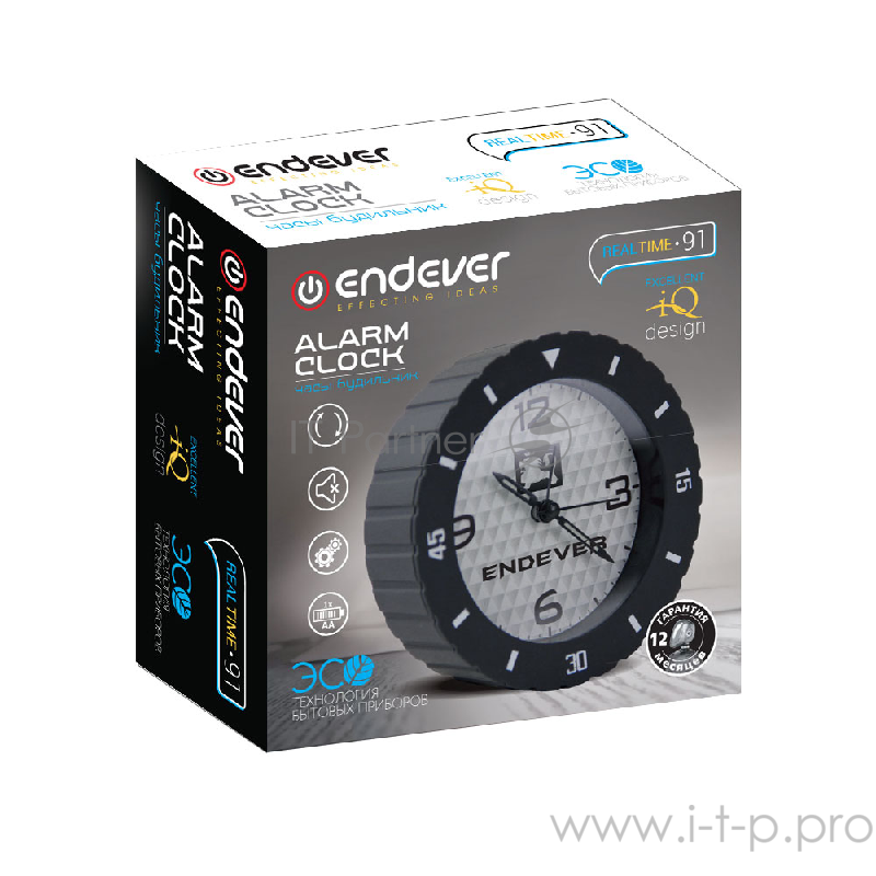 91-RealTime Часы будильник, ENDEVER черный, кварцевый механизм,батарейка 1хАА.