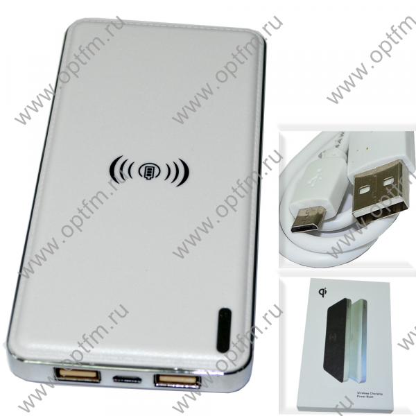 Аккумулятор внешний 10000mA (2 USB выхода 1A/2,1A) белый + беспроводная панель