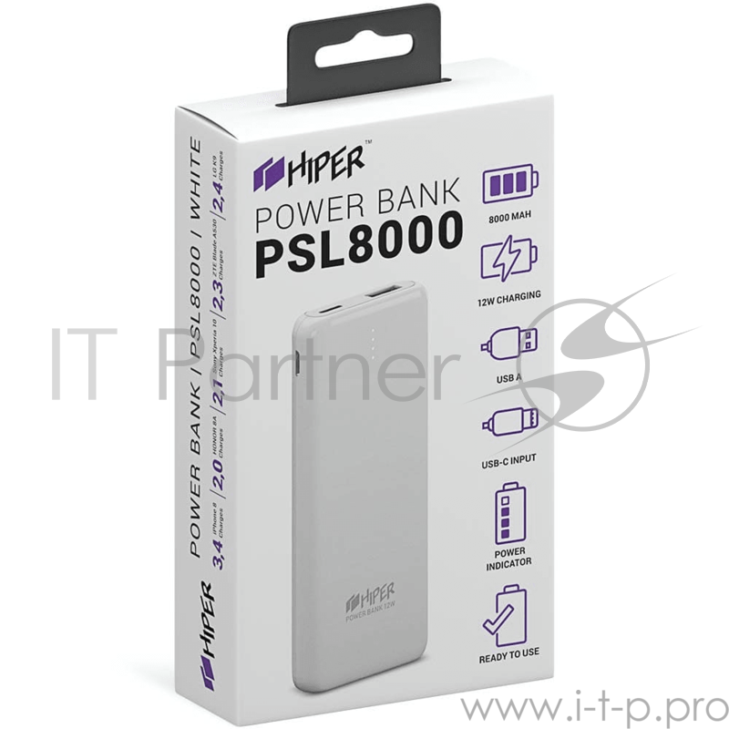 Аккумулятор HIPER Внешний аккумулятор HIPER PSL8000 Li-Pol 8000 mAh 2.4A 1xUSB 1xType-C белый