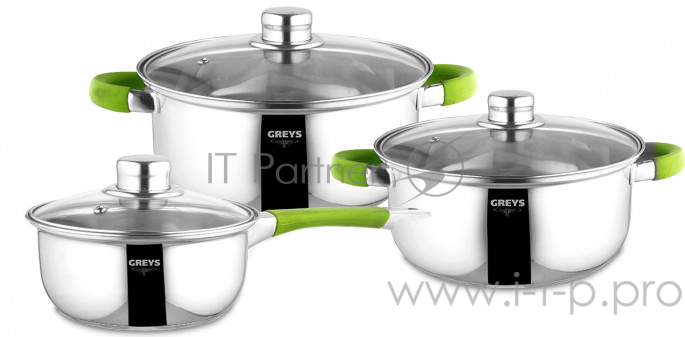 Набор из 3 кастрюль GREYS VKS-50-52, со стекл. крышками, нержавейка +силикон, объем 1,3л./2,6л./5 л.