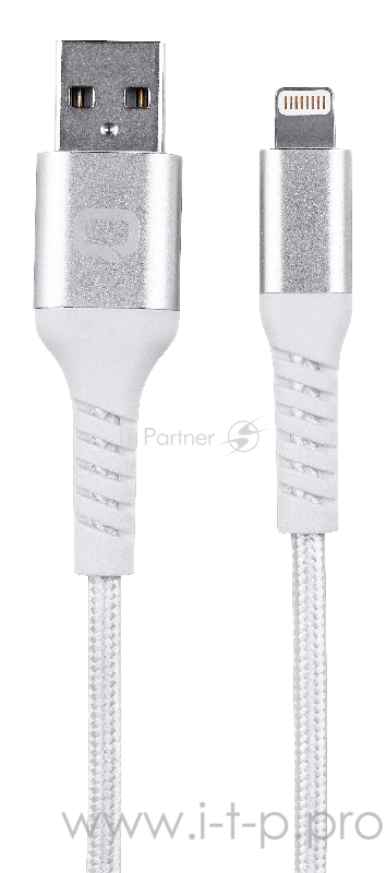 Кабель Qumo, MFI С48, USB-Apple 8 pin, 1м, 5В, 2,4A, 12Вт, опл. нейлон, кон металл, усиление у коннектора, серебро