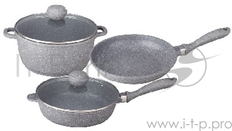 Набор посуды BEKKER BK-4600 5 пред. Набор посуды из 5 предметов. Кастрюля 6,0 л с крышкой d-28см х 12,5см, сотейник 2,3 л с крышкой d-24см х 6,5см, сковорода 1,5 л d-24см х 4,5см. Толщина стенок -2,0мм, дна- 4,5мм. Внутри антипригарное серое мраморно