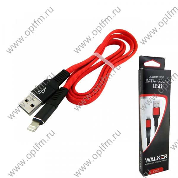 Кабель USB - Apple 8pin/lightning WALKER C750 (iOS11) в матерчатой обмотке, металл разъем, плоский красный