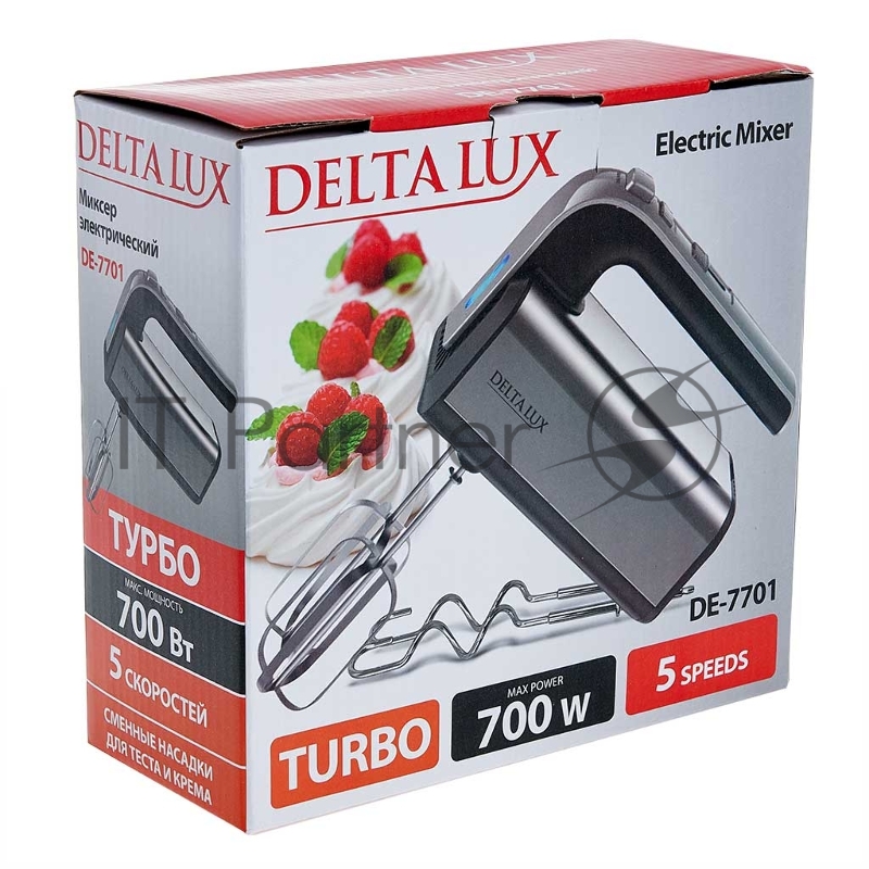 Миксер DELTA LUX DE-7701 нерж. черный: 700 Вт,4 насадки,5 скоростн.режимов,Турбо (16)